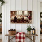 Christmas Frame TV art above a rustic bench with pine cones and a red check blanket on a white plank wall