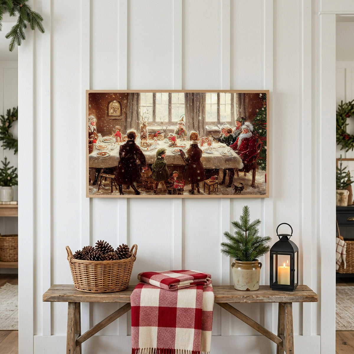 Christmas Frame TV art above a rustic bench with pine cones and a red check blanket on a white plank wall