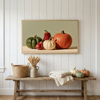 Pumpkin still life Frame TV art above a rustic bench with heirloom pumpkins on a white plank wall