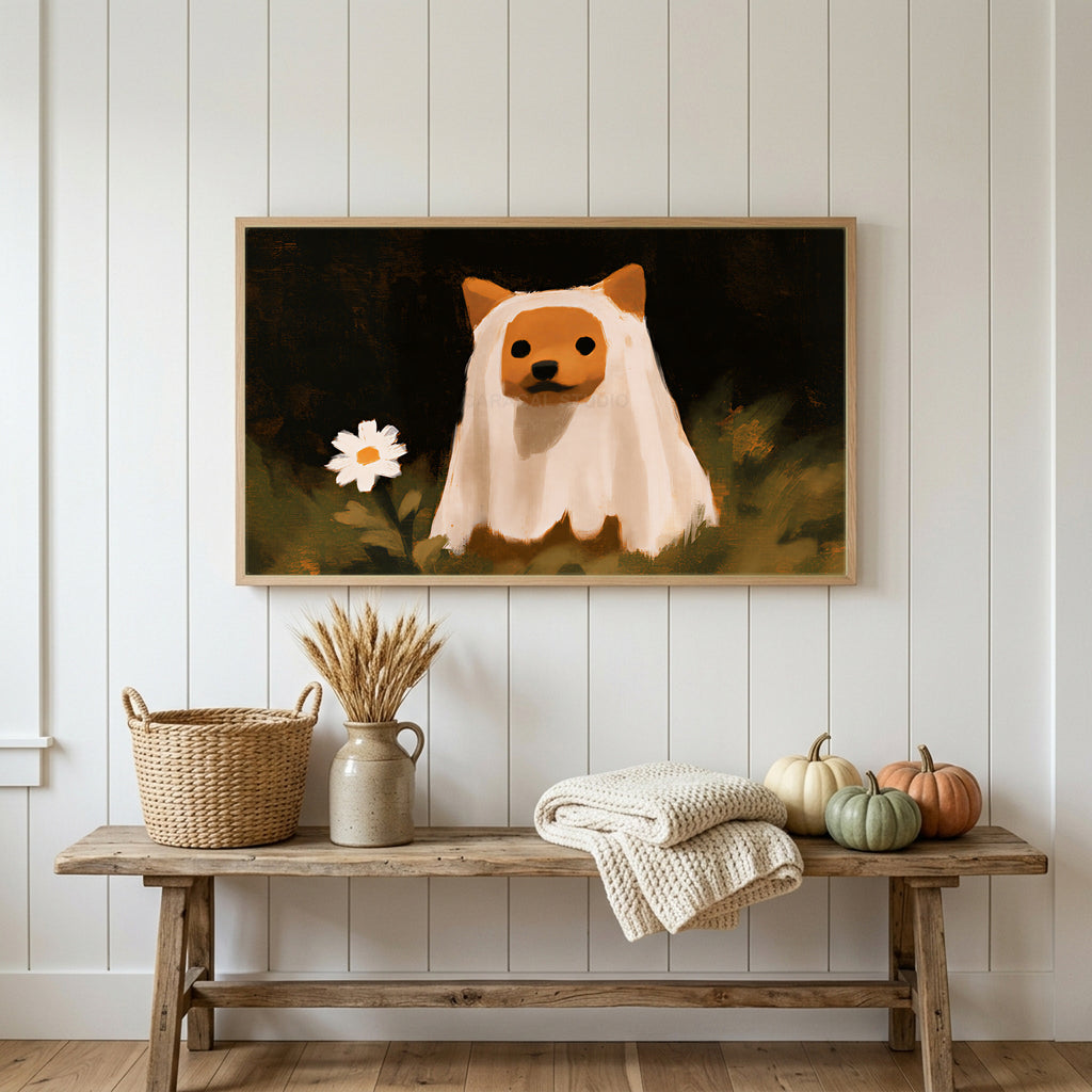 Shiba inu ghost Halloween Frame TV art above a rustic bench with heirloom pumpkins on a white plank wall