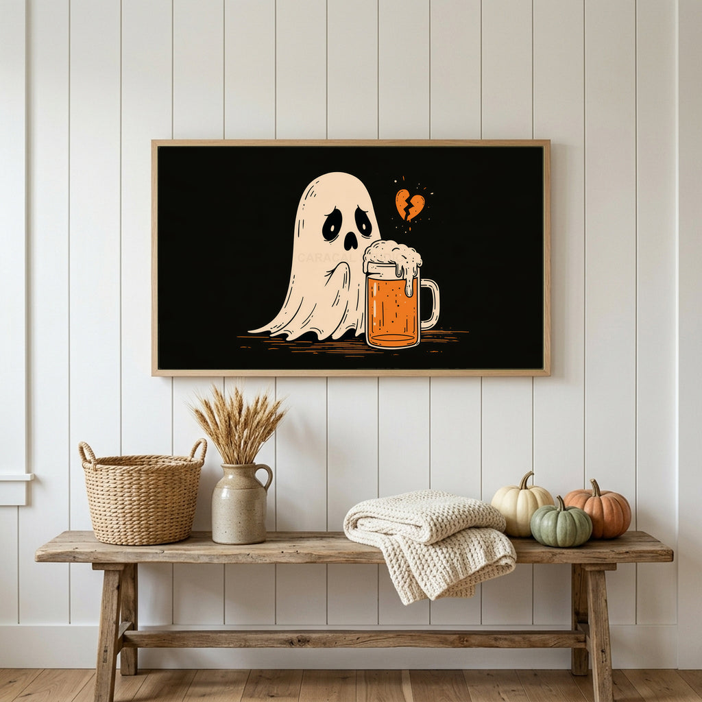 Sad ghost and beer Frame TV art above a rustic bench with heirloom pumpkins on a white plank wall