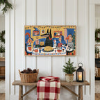 Folk art Christmas dinner Frame TV art above a rustic bench with pine cones and a red check blanket on a white plank wall