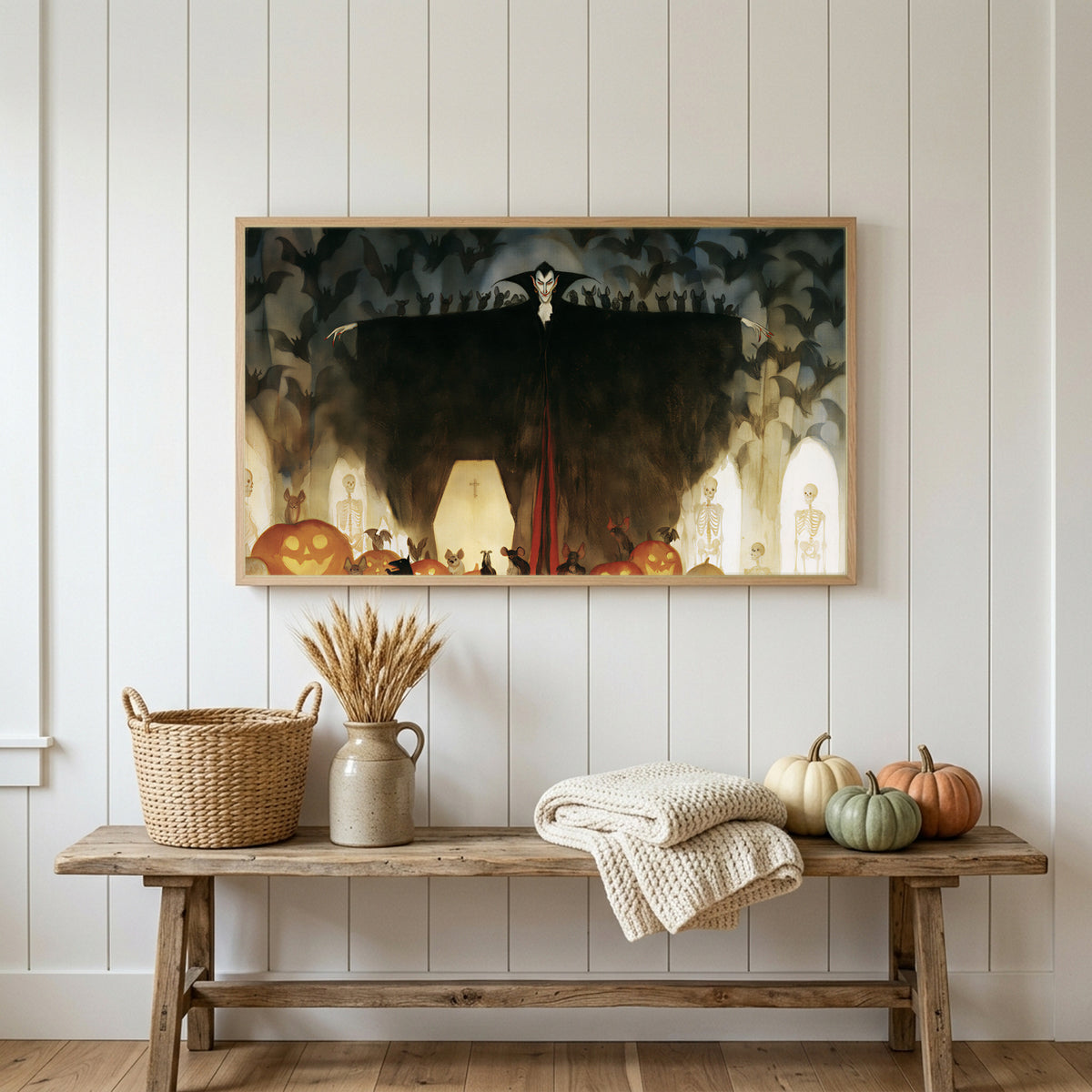 Halloween Frame TV art above a rustic bench with heirloom pumpkins on a white plank wall
