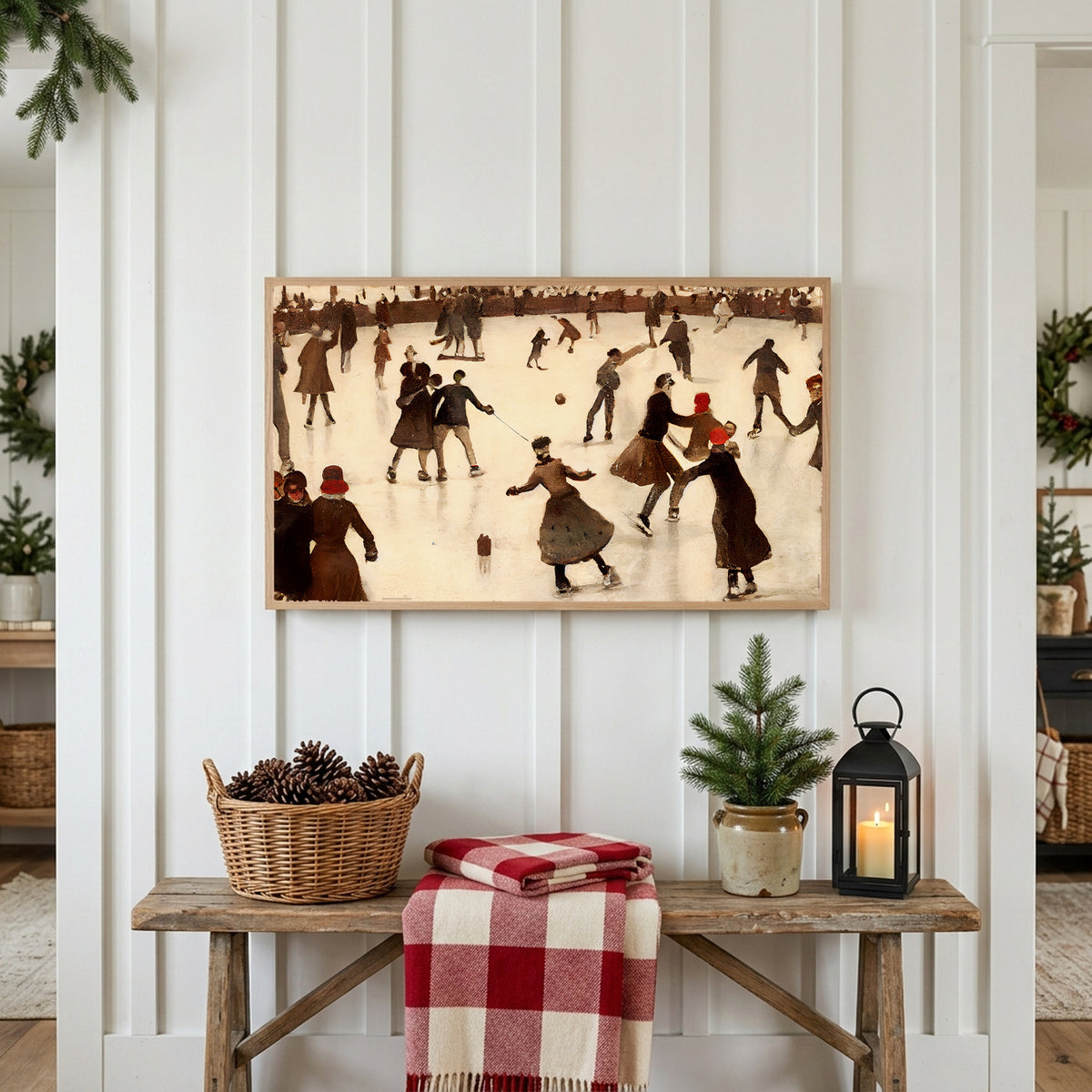 Winter Frame TV art above a rustic bench with pine cones and a red check blanket on a white plank wall