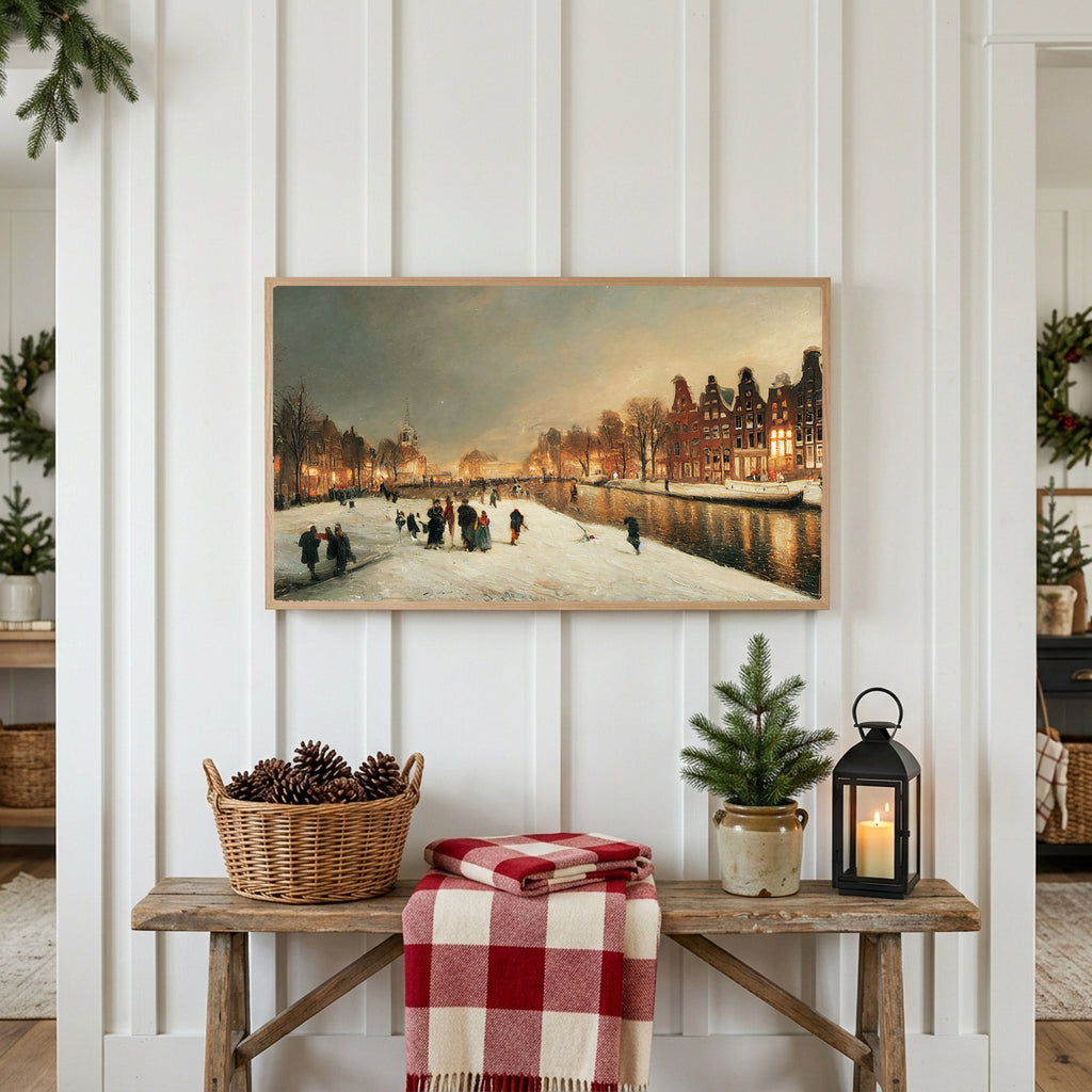 Winter Frame TV art above a rustic bench with pine cones and a red check blanket on a white plank wall