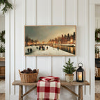 Winter Frame TV art above a rustic bench with pine cones and a red check blanket on a white plank wall