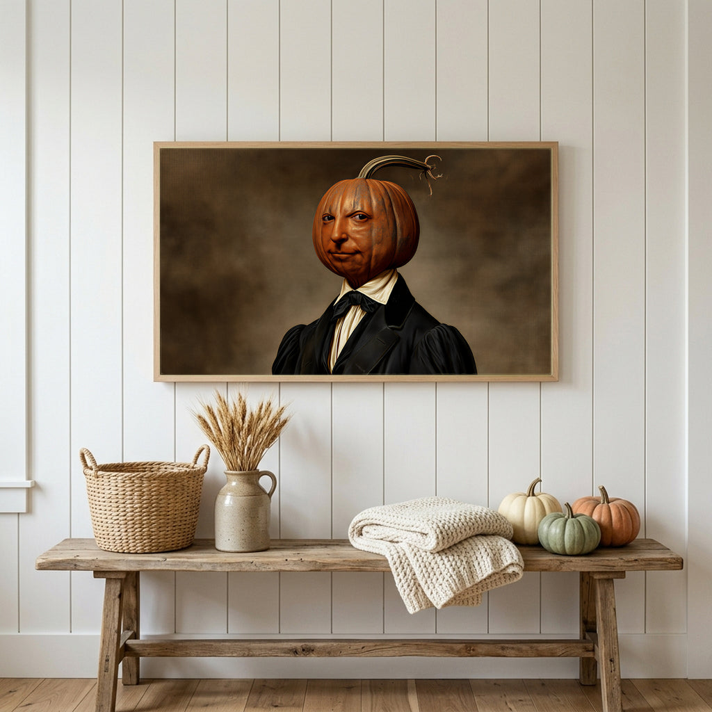 Halloween Frame TV art above a rustic bench with heirloom pumpkins on a white plank wall