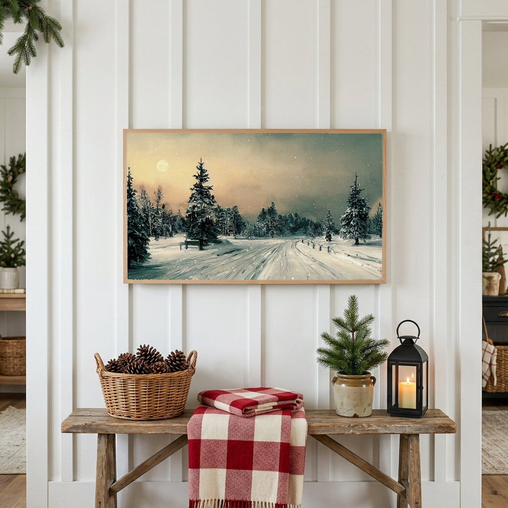 Winter Frame TV art above a rustic bench with pine cones and a red check blanket on a white plank wall