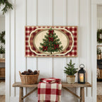 Vintage tree on plaid Frame TV art above a rustic bench with pine cones and a red check blanket on a white plank wall
