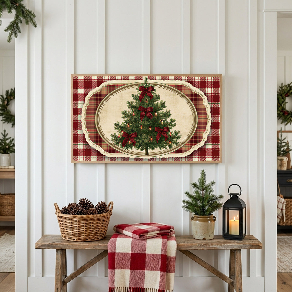 Vintage tree on plaid Frame TV art above a rustic bench with pine cones and a red check blanket on a white plank wall