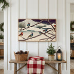 Winter Frame TV art above a rustic bench with pine cones and a red check blanket on a white plank wall