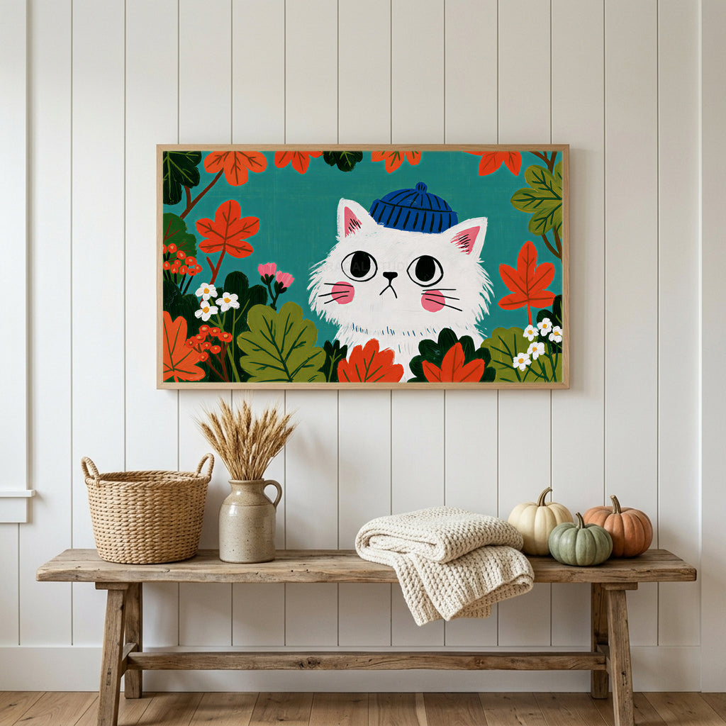 Autumn cat Frame TV art above a rustic bench with heirloom pumpkins on a white plank wall