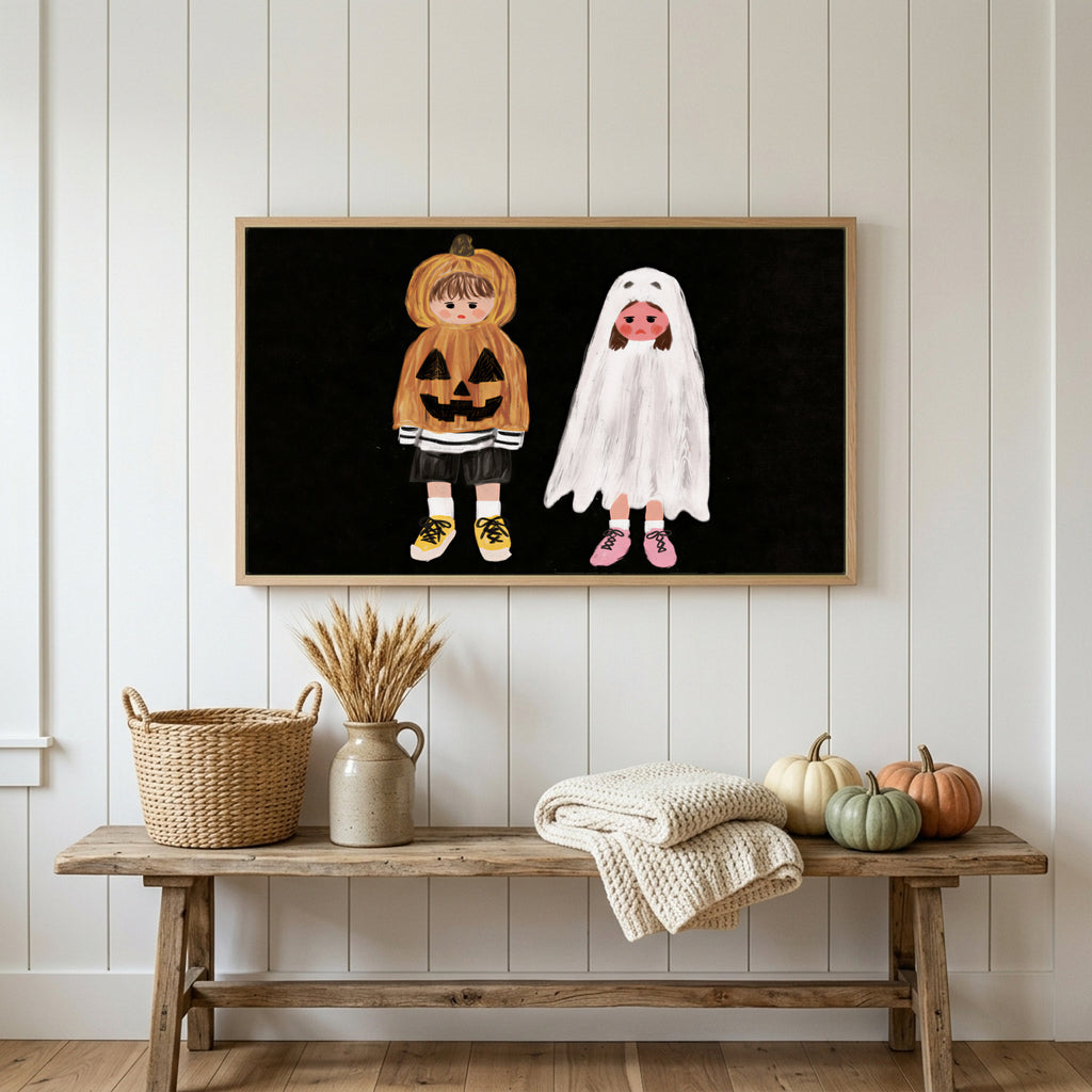 Halloween Frame TV art above a rustic bench with heirloom pumpkins on a white plank wall