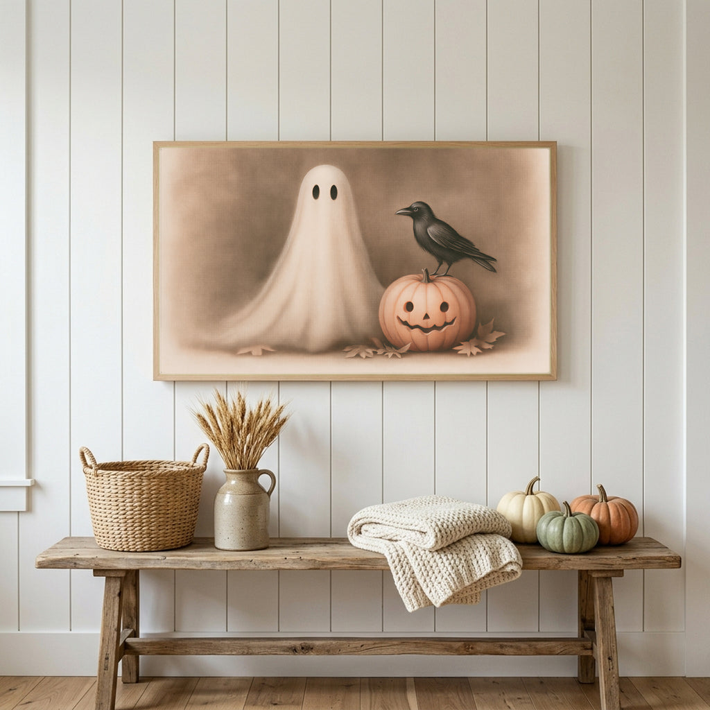 Halloween Frame TV art above a rustic bench with heirloom pumpkins on a white plank wall