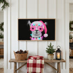 Llama in a Santa hat Frame TV art above a rustic bench with pine cones and a red check blanket on a white plank wall