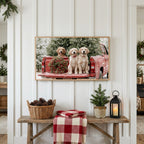 Christmas puppies Frame TV art above a rustic bench with pine cones and a red check blanket on a white plank wall
