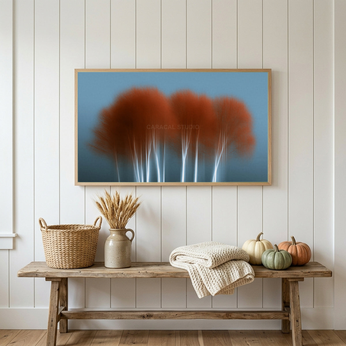 Abstract birch tree Frame TV art above a rustic bench with heirloom pumpkins on a white plank wall