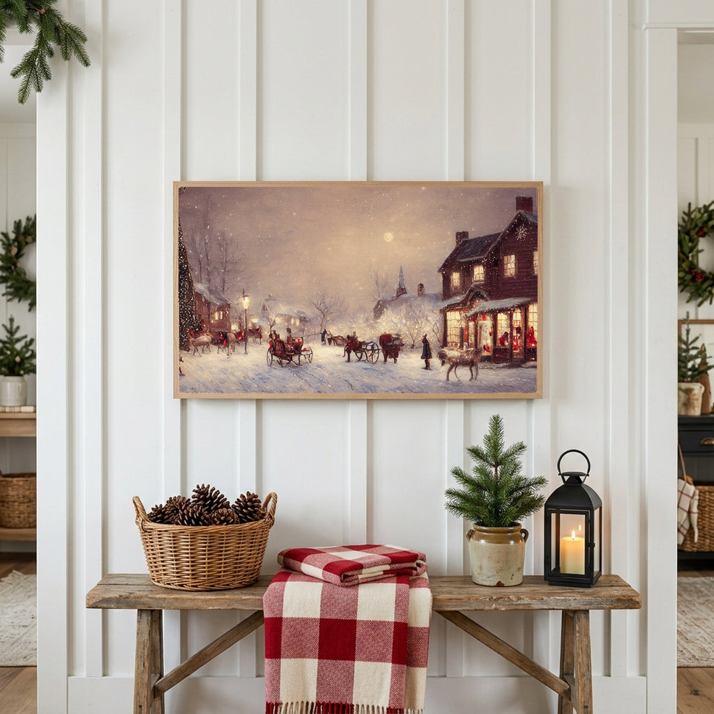 Christmas Frame TV art above a rustic bench with pine cones and a red check blanket on a white plank wall