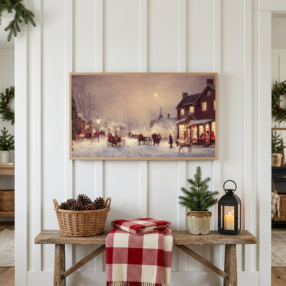 Christmas Frame TV art above a rustic bench with pine cones and a red check blanket on a white plank wall