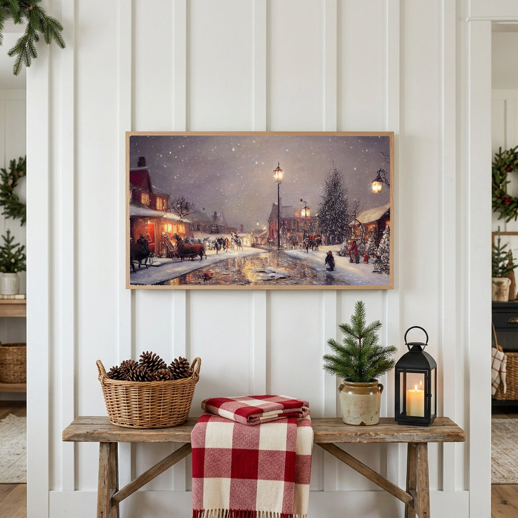 Christmas Frame TV art above a rustic bench with pine cones and a red check blanket on a white plank wall