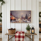 Christmas Frame TV art above a rustic bench with pine cones and a red check blanket on a white plank wall