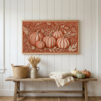 Folk art pumpkins Frame TV art above a rustic bench with heirloom pumpkins on a white plank wall
