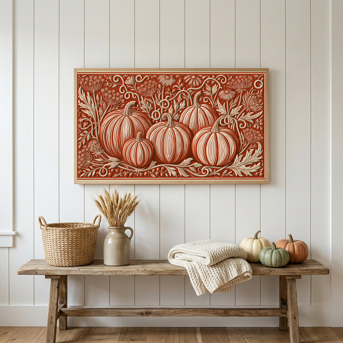 Folk art pumpkins Frame TV art above a rustic bench with heirloom pumpkins on a white plank wall