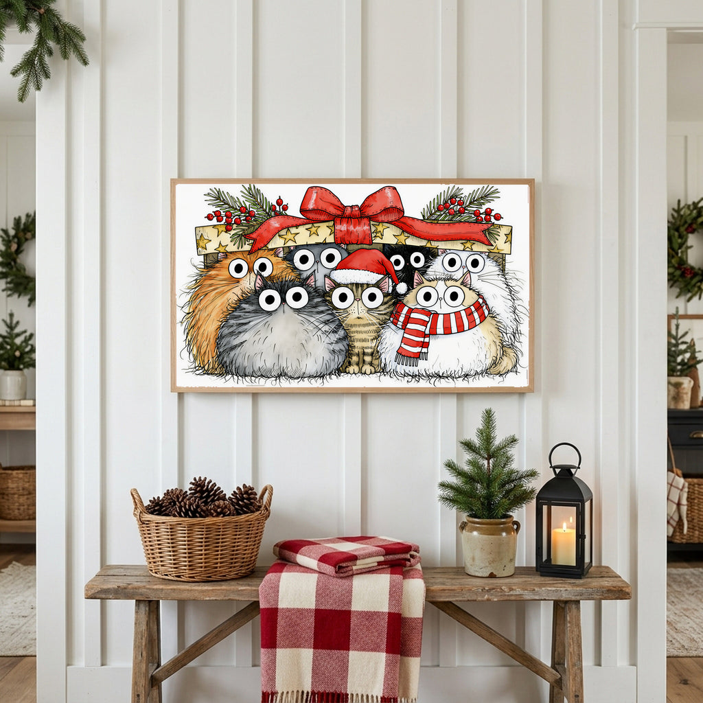 Cats under a gift box Frame TV art above a rustic bench with pine cones and a red check blanket on a white plank wall