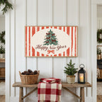 Happy New Year Frame TV art above a rustic bench with pine cones and a red check blanket on a white plank wall