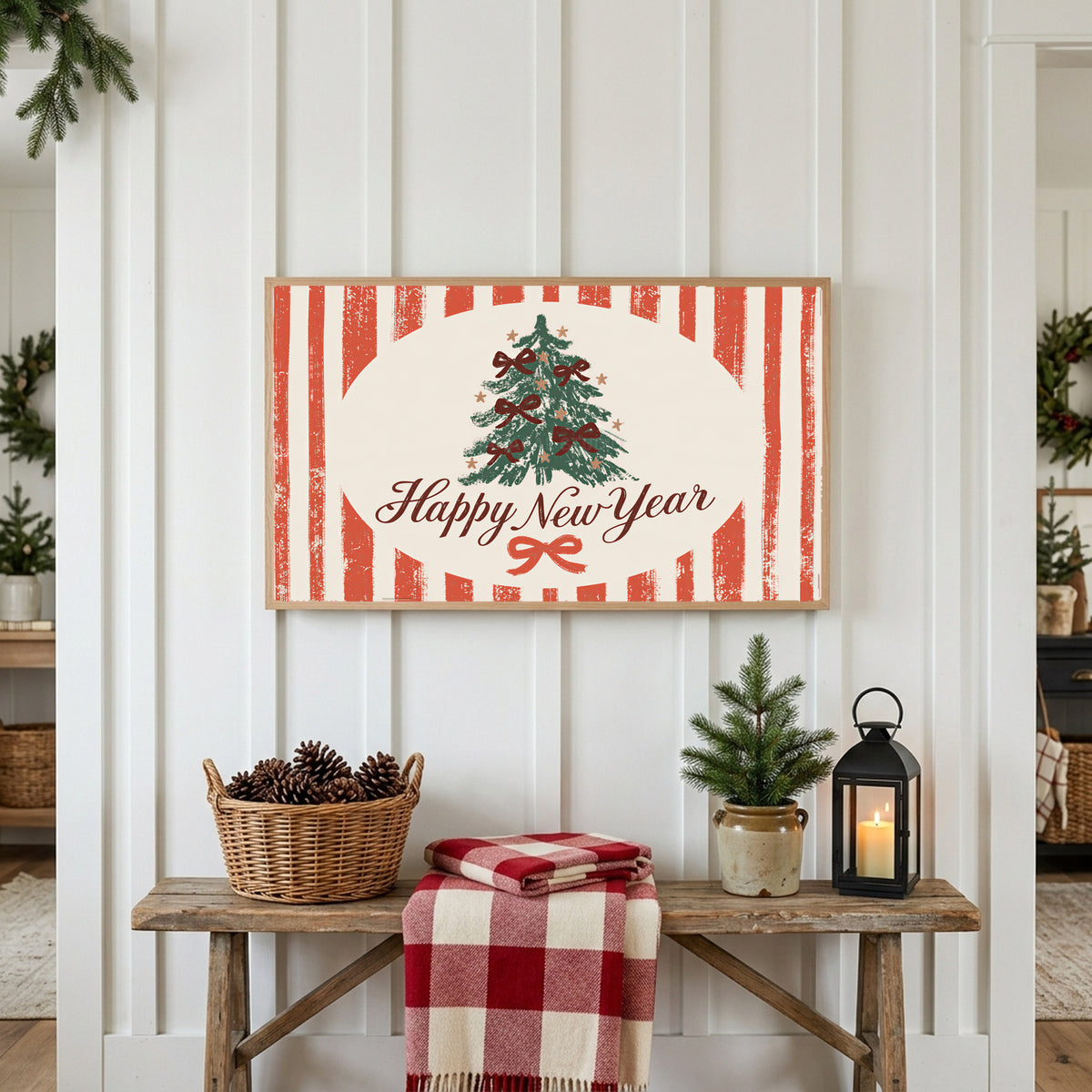 Happy New Year Frame TV art above a rustic bench with pine cones and a red check blanket on a white plank wall