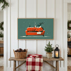 Reindeer on a sofa Frame TV art above a rustic bench with pine cones and a red check blanket on a white plank wall
