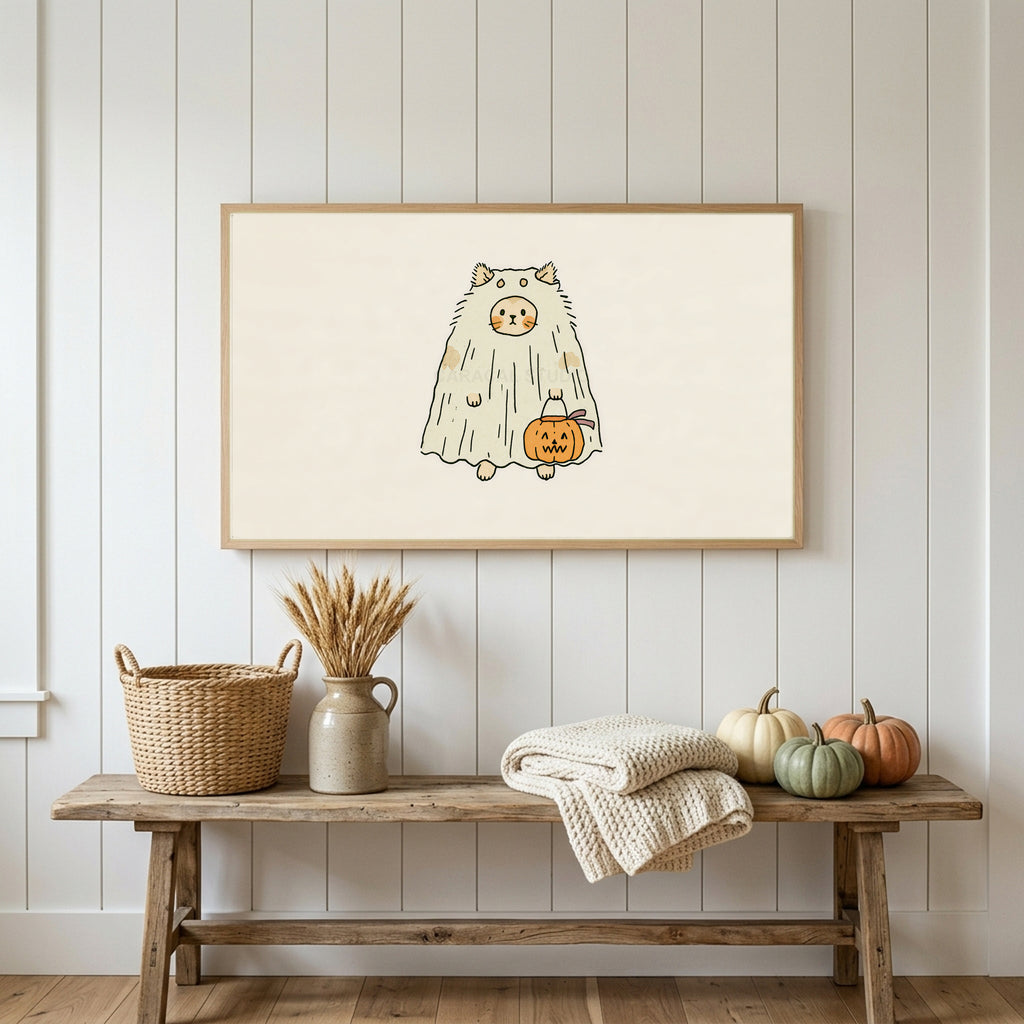 Halloween Frame TV art above a rustic bench with heirloom pumpkins on a white plank wall
