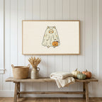 Halloween Frame TV art above a rustic bench with heirloom pumpkins on a white plank wall