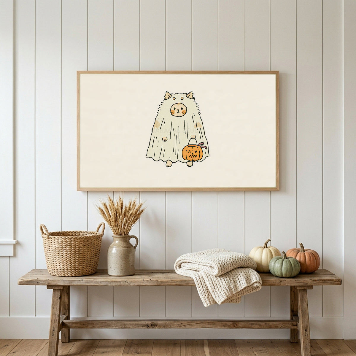 Halloween Frame TV art above a rustic bench with heirloom pumpkins on a white plank wall