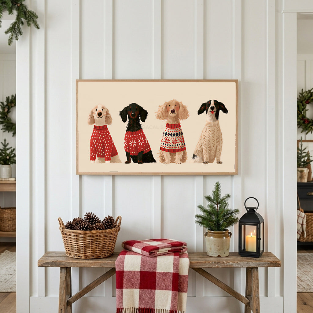 Dogs in holiday sweaters Frame TV art above a rustic bench with pine cones and a red check blanket on a white plank wall