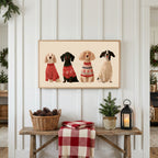 Dogs in holiday sweaters Frame TV art above a rustic bench with pine cones and a red check blanket on a white plank wall