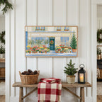 Paris flower shop Christmas Frame TV art above a rustic bench with pine cones and a red check blanket on a white plank wall