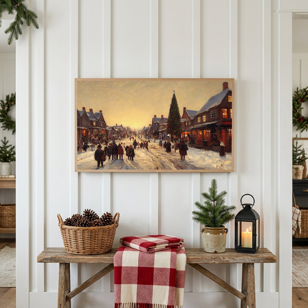 Christmas Frame TV art above a rustic bench with pine cones and a red check blanket on a white plank wall