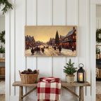 Christmas Frame TV art above a rustic bench with pine cones and a red check blanket on a white plank wall