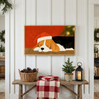 Sleeping beagle Frame TV art above a rustic bench with pine cones and a red check blanket on a white plank wall