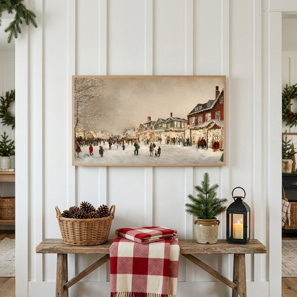 Christmas Frame TV art above a rustic bench with pine cones and a red check blanket on a white plank wall