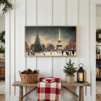 Christmas Frame TV art above a rustic bench with pine cones and a red check blanket on a white plank wall