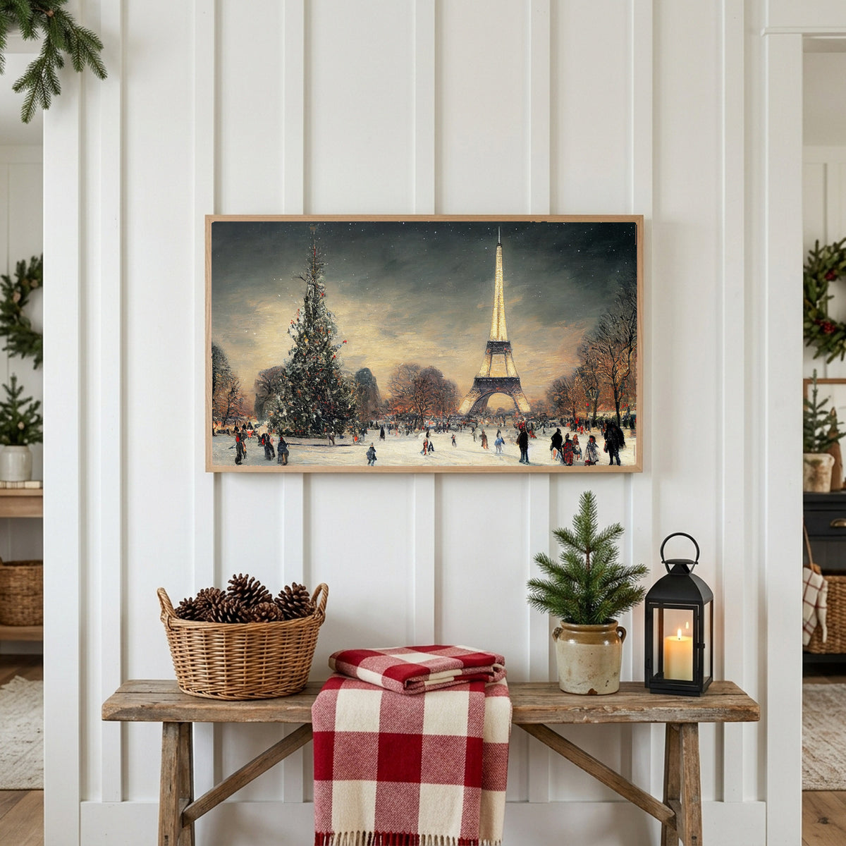 Christmas Frame TV art above a rustic bench with pine cones and a red check blanket on a white plank wall