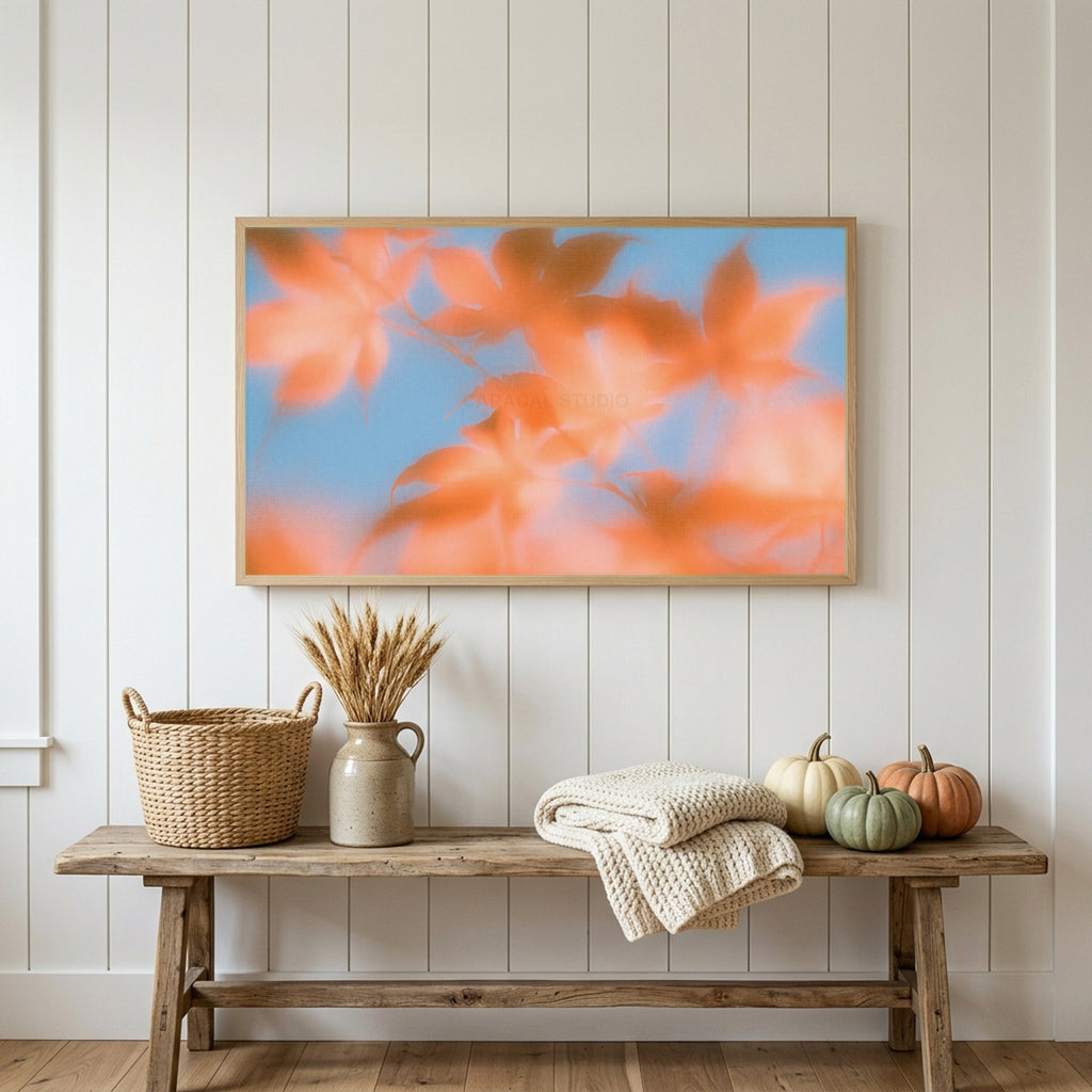 Autumn leaves Frame TV art above a rustic bench with heirloom pumpkins on a white plank wall