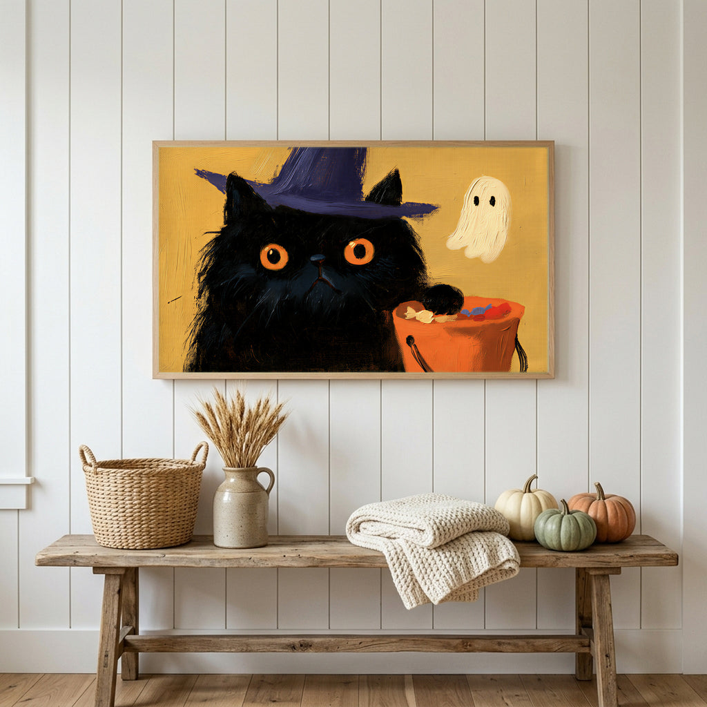 Halloween Frame TV art above a rustic bench with heirloom pumpkins on a white plank wall