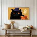 Halloween Frame TV art above a rustic bench with heirloom pumpkins on a white plank wall