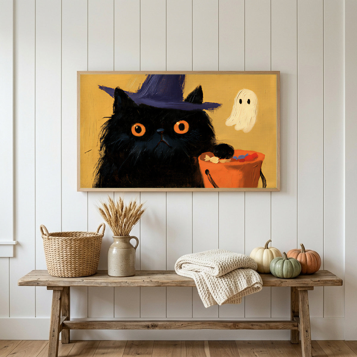 Halloween Frame TV art above a rustic bench with heirloom pumpkins on a white plank wall