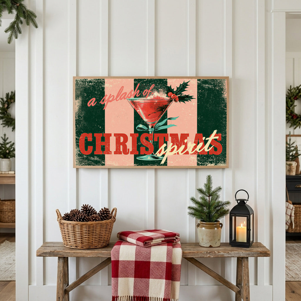 Christmas cocktail typography Frame TV art above a rustic bench with pine cones and a red check blanket on a white plank wall