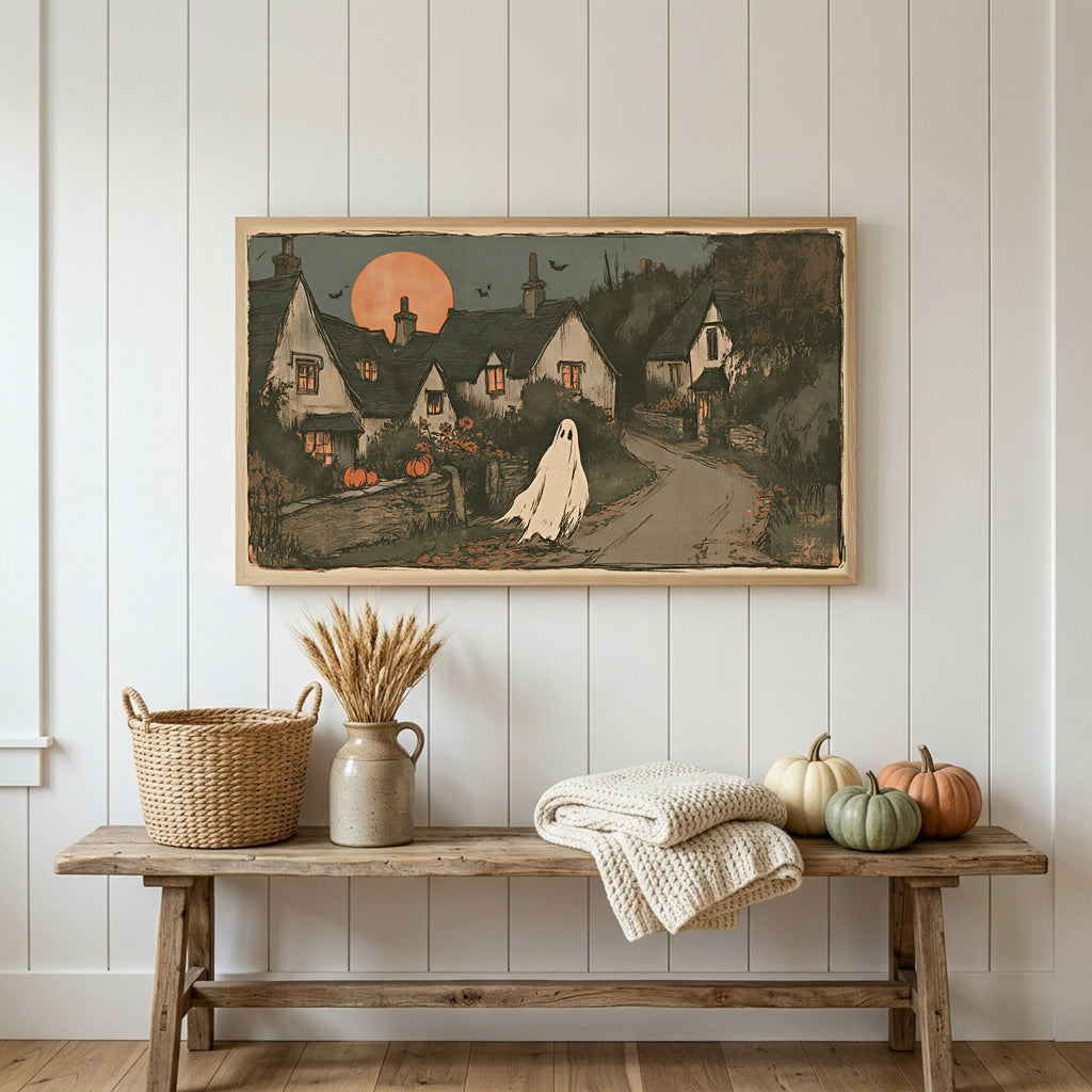 Halloween Frame TV art above a rustic bench with heirloom pumpkins on a white plank wall
