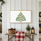 Colorful Christmas tree Frame TV art above a rustic bench with pine cones and a red check blanket on a white plank wall